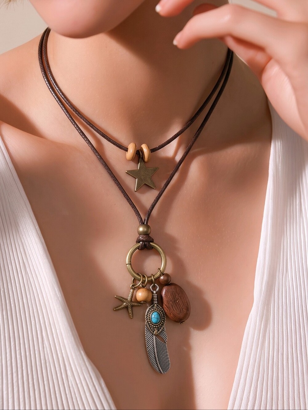 Layered Boho Necklace Feather Turquoise Wood Star Western Southwestern Charms